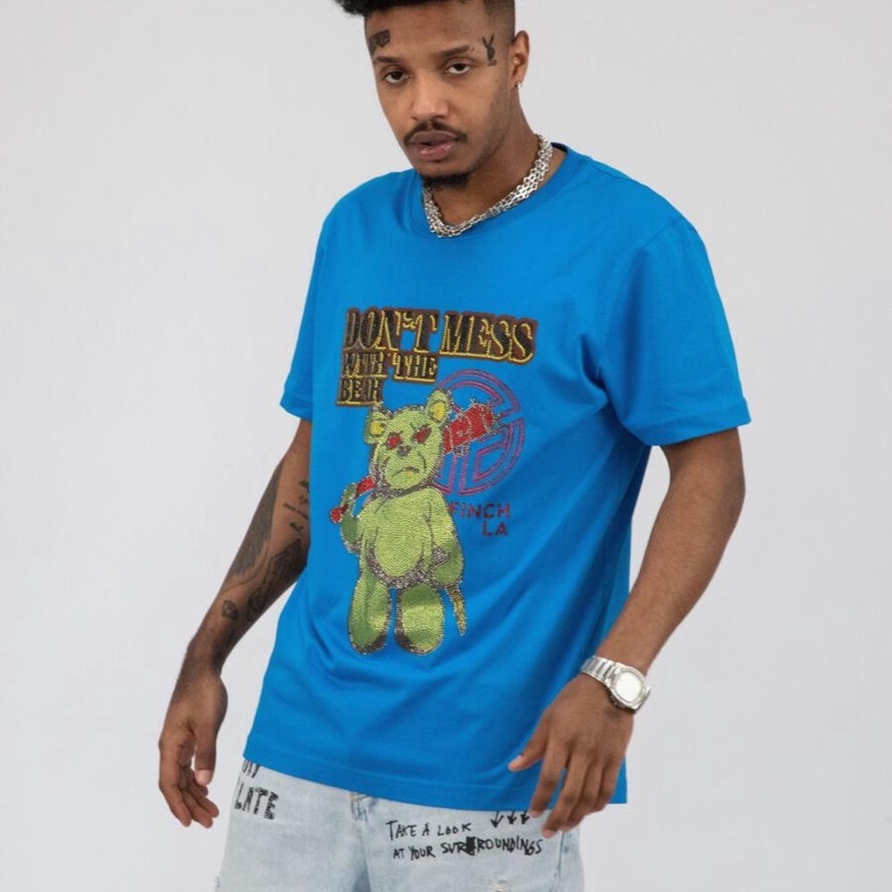 Finch LA Rhinestone Teal Blue Green Mens Tee Shirt